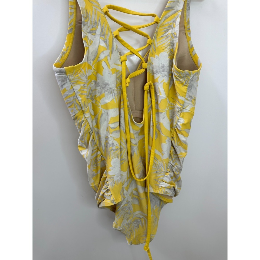 Cacique Swim One Piece Swimsuit Yellow Floral Lace Up Back Ruched Plus Size 20 - Picture 9 of 11